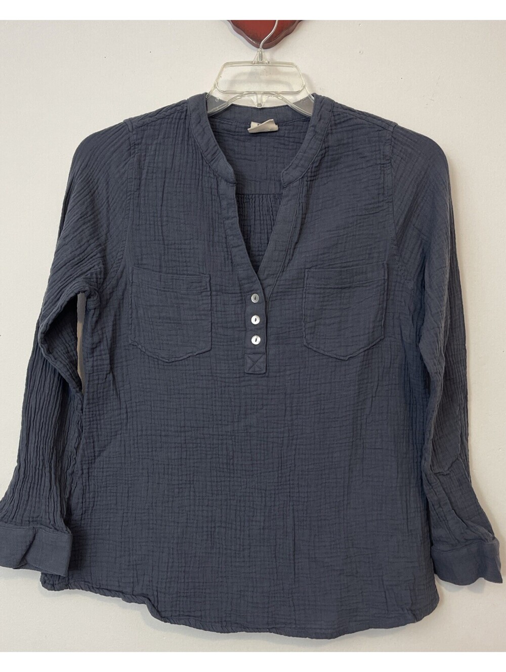 Mote Womens Large Blue Long-Sleeved Vneck Cotton Chest-Pocket Blouse! A7350